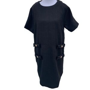Black Tweed Shift Dress with Gold Buttons Short Sleeve Career Party
